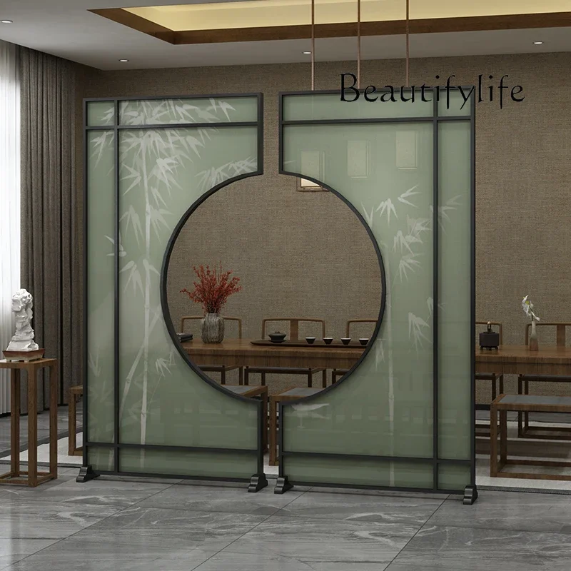 BJ New Chinese Screen Light Luxury Art Living Room Partition Solid Wood Large Seat Screen Movable Ash Wood Background