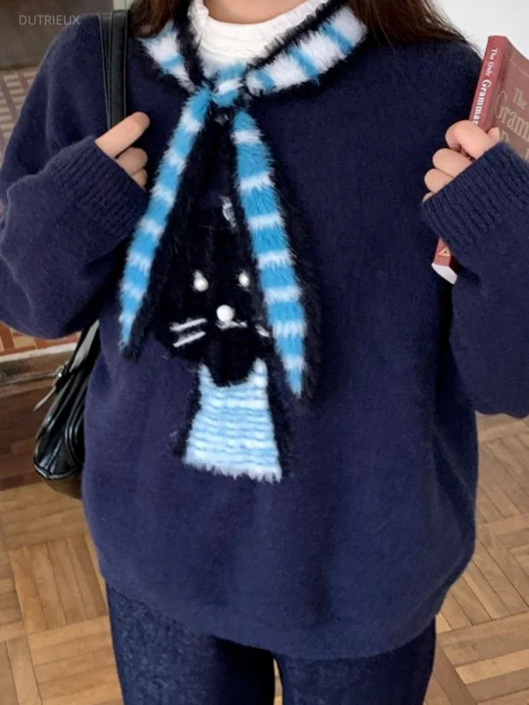Cute Cartoon Cat Jacquard Loose Casual Vintage Scarf Collar Long Sleeve Knitted Sweater Women Jumpers