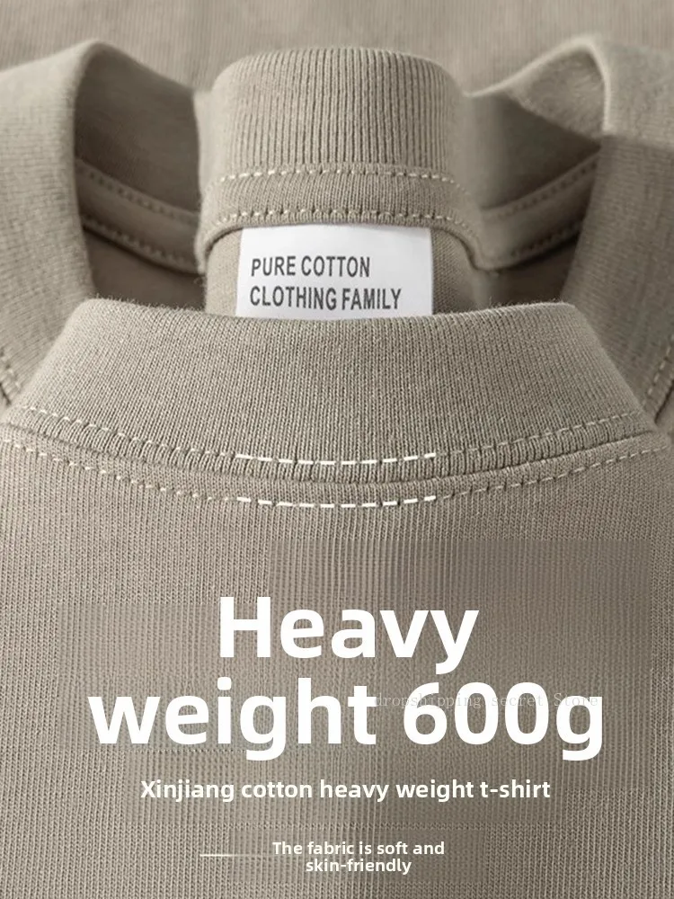 Verão 600g pesado puro algodão manga curta camiseta para homem e mulher solta casual versátil em torno do pescoço meia manga camisa