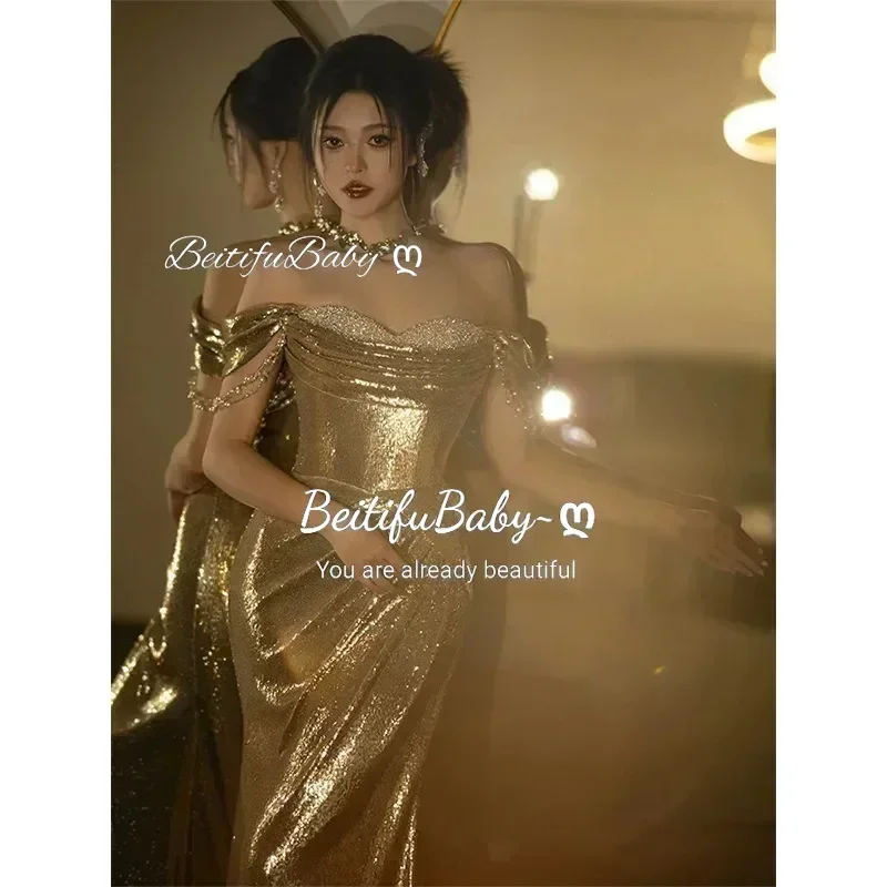 BeitifuBaby Women\'s Golden Evening Dresses for Wedding Party Off The Shoulder Strapless Fishtail Dress Banquet Gown Vestidos