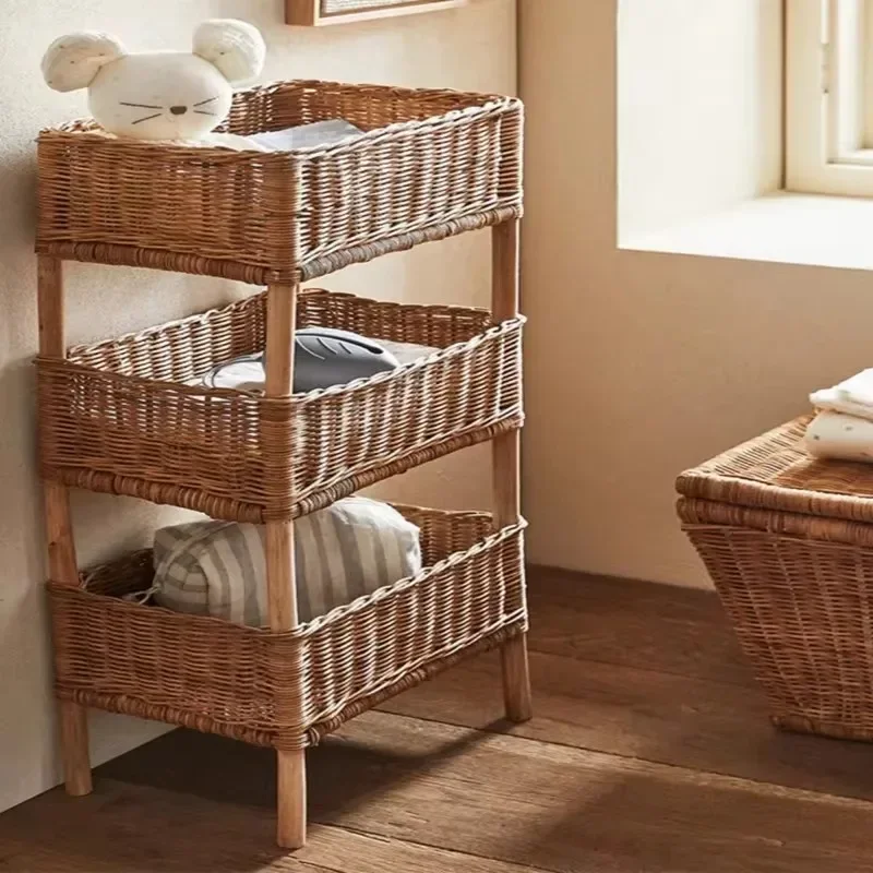 

Homestay Decoration Organizer Shelf Rattan Weaving Children's Room Rack Multi-Layer Storage Shelves Breathable Storage Basket