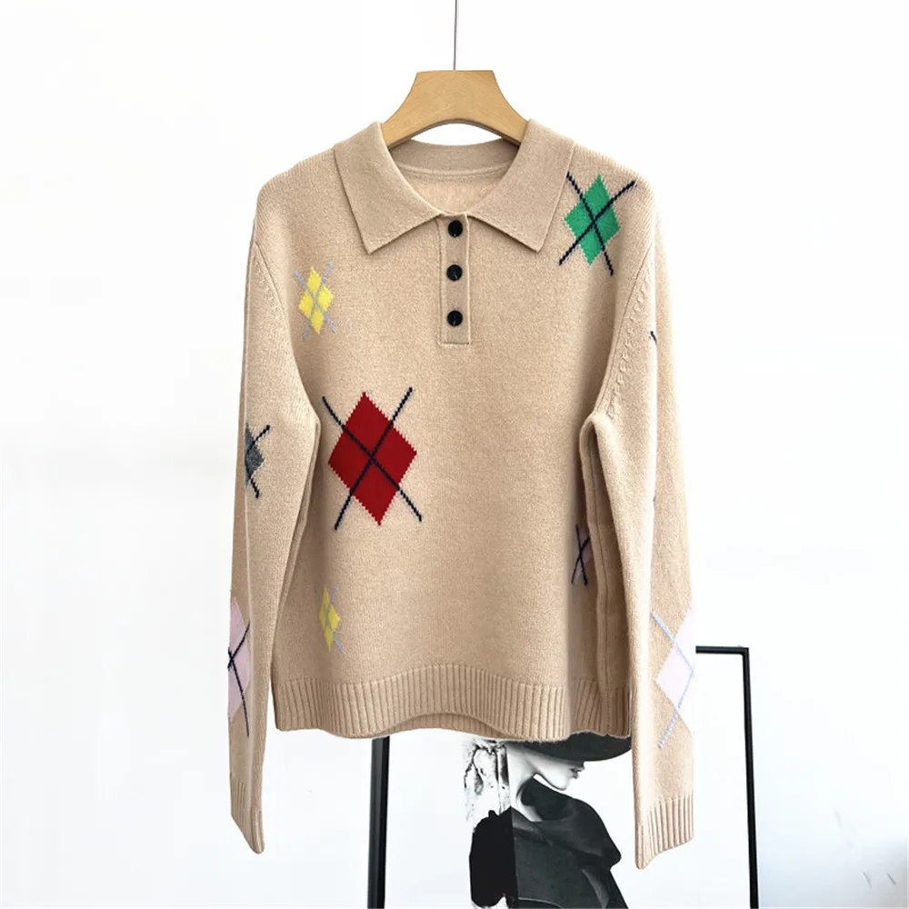 25 Autumn/Winter New Women's Sweater Diamond Check Contrast Pullover Lapel Button Long Sleeve Cashmere Knitted Top