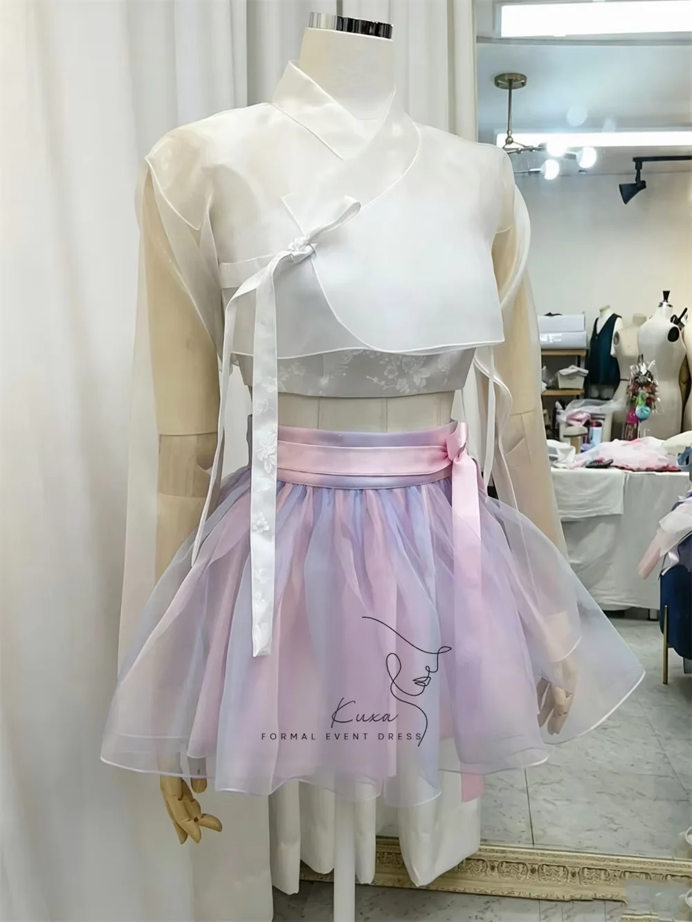 KUXA Korean Modern Hanbok Women 2 Piece Outfit Gradient Tulle Mini Korea Wedding Photo Shoot Dress Oriental Hanfu Set Customized