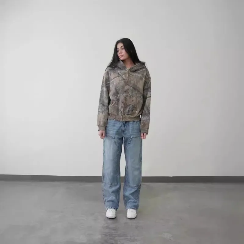 

American Camouflage Y2K Street Retro Hip-hop Top Jacket for Women's New High Street Loose Hooded Sweatshirt Female Clothing