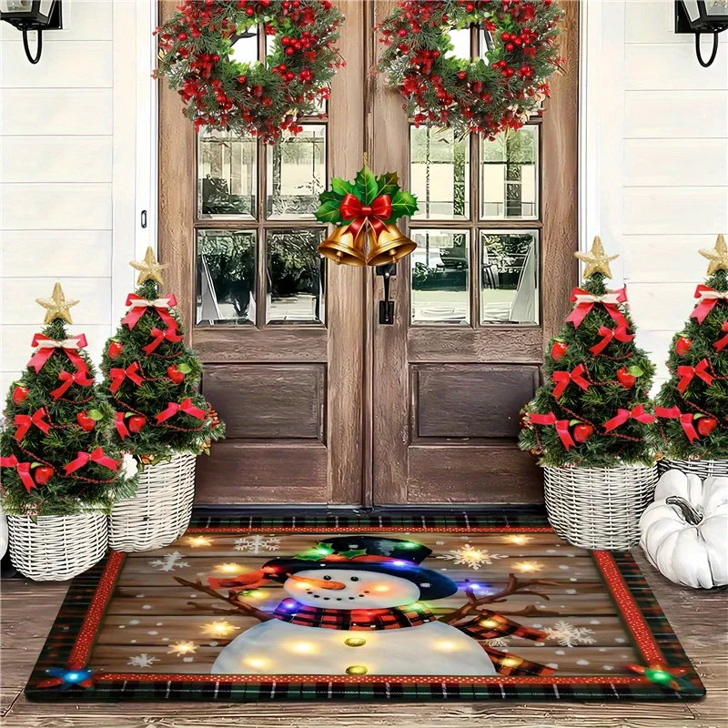 Snowy Winter Town Village Scene Christmas Printed Entry‑way Doormat, Snow‑landscape Holiday Floor Rug, Festive Household Decor
