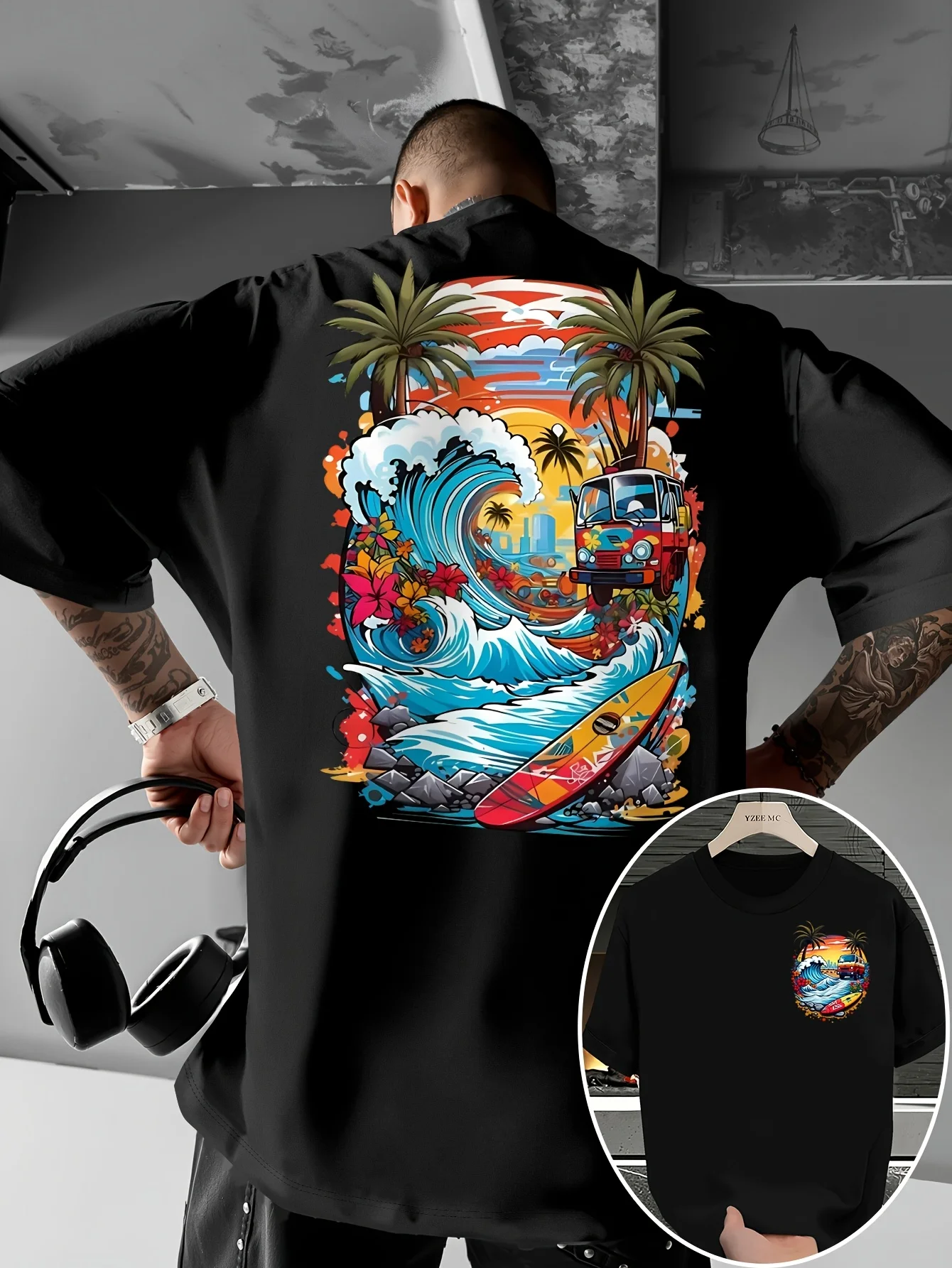 Herren-T-Shirt mit Palmenmuster und buntem Wellenmuster, atmungsaktiv, 100 % reine Baumwolle, Sommermode, lässiges Oberteil – Detail 4