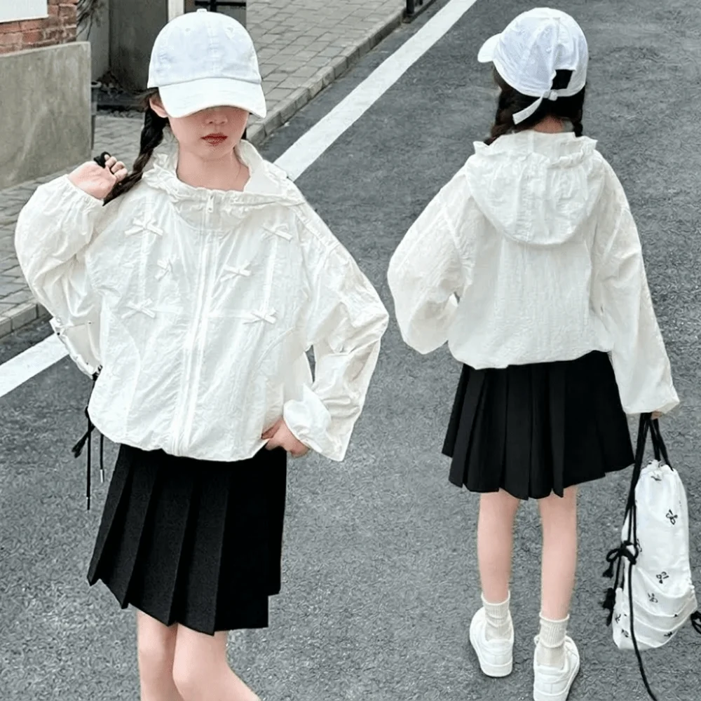 Lightweight Fabric Girls Sun Jacket Breathable Front Zipper Sun Protection Jacket Long Sleeves Hooded Design Hooded Jacket