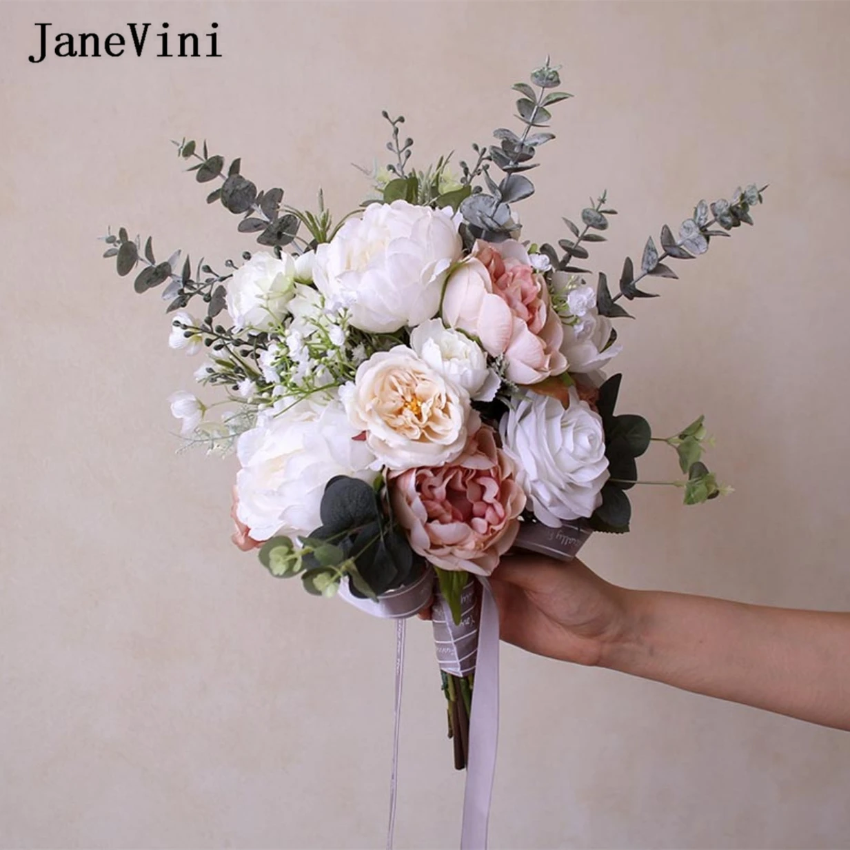 

JaneVini Elegant Western Bridal Hand Bouquets Dusty Pink White Silk Roses Artificial Flowers Bouquet Brides Wedding Accessories