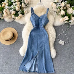 Summer Women Denim Dresses Sleeveless V-Neck Strap Jean Slim Fit Slit Long Dress Elegant Female Party Frock