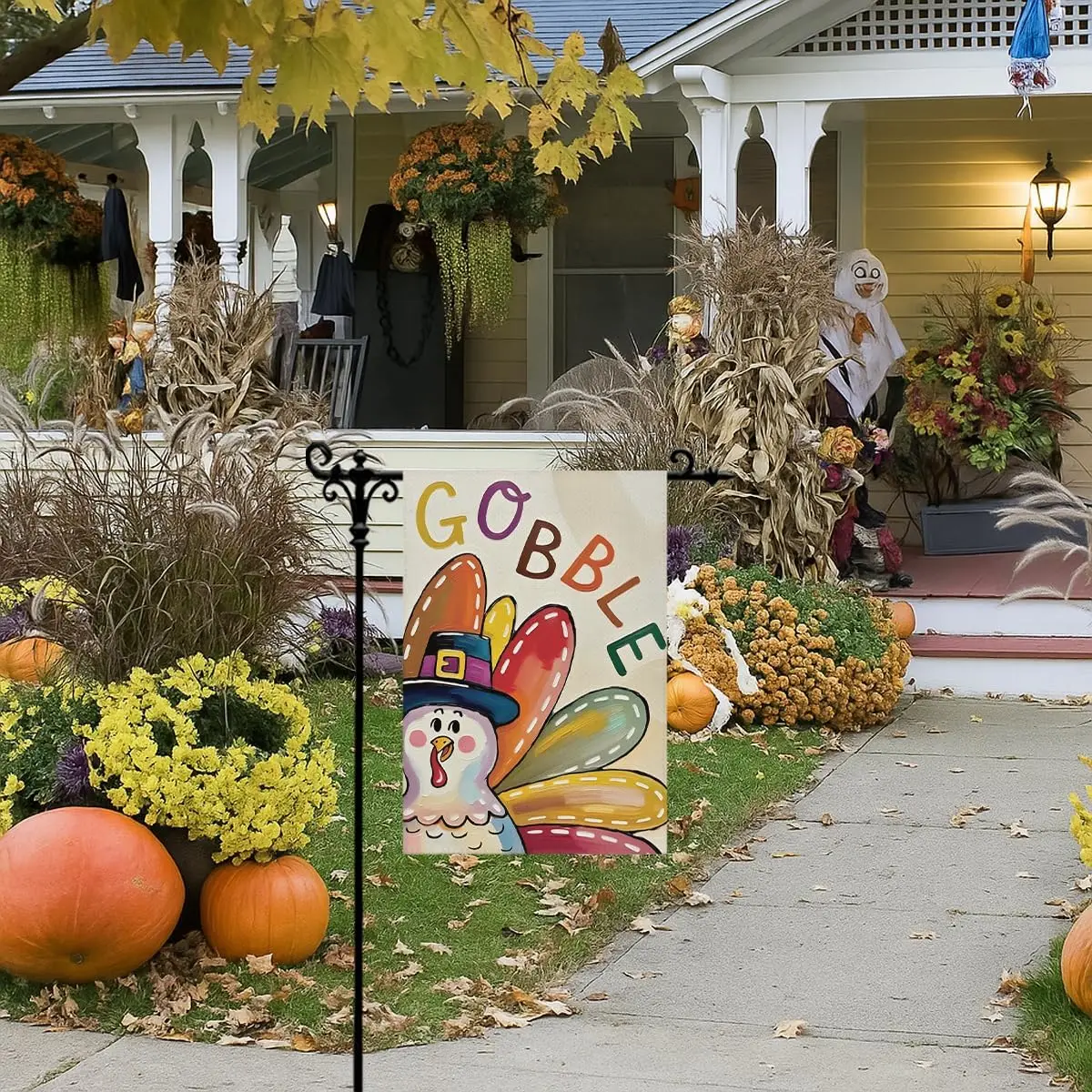 Gobble Thankful Thanksgiving Garden Flag, Thanksgiving Turkey Garden Flag For Outside, Double Sided Fall Harvest Holiday Yar yyi