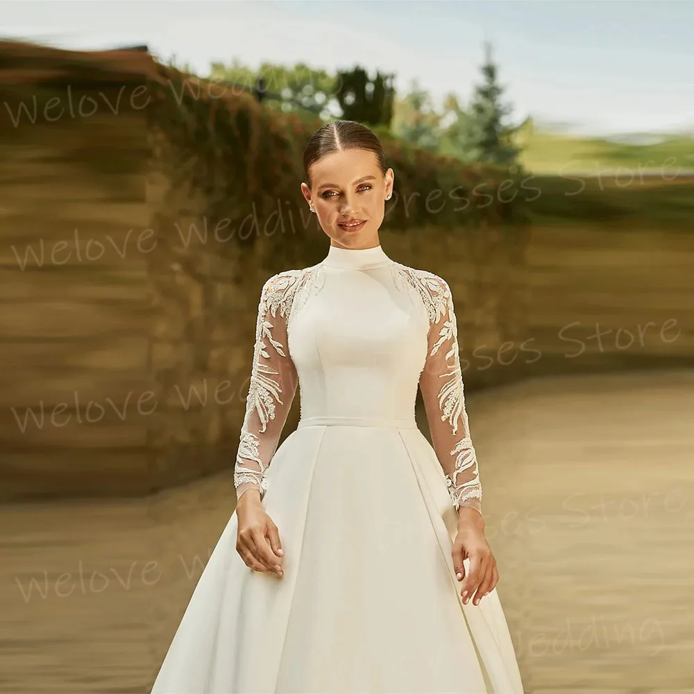 

Beautiful A Line Women's Wedding Dresses High Neck Long Sleeve Vestido Customized Bride Gowns Lace Appliques Vestido De Novia