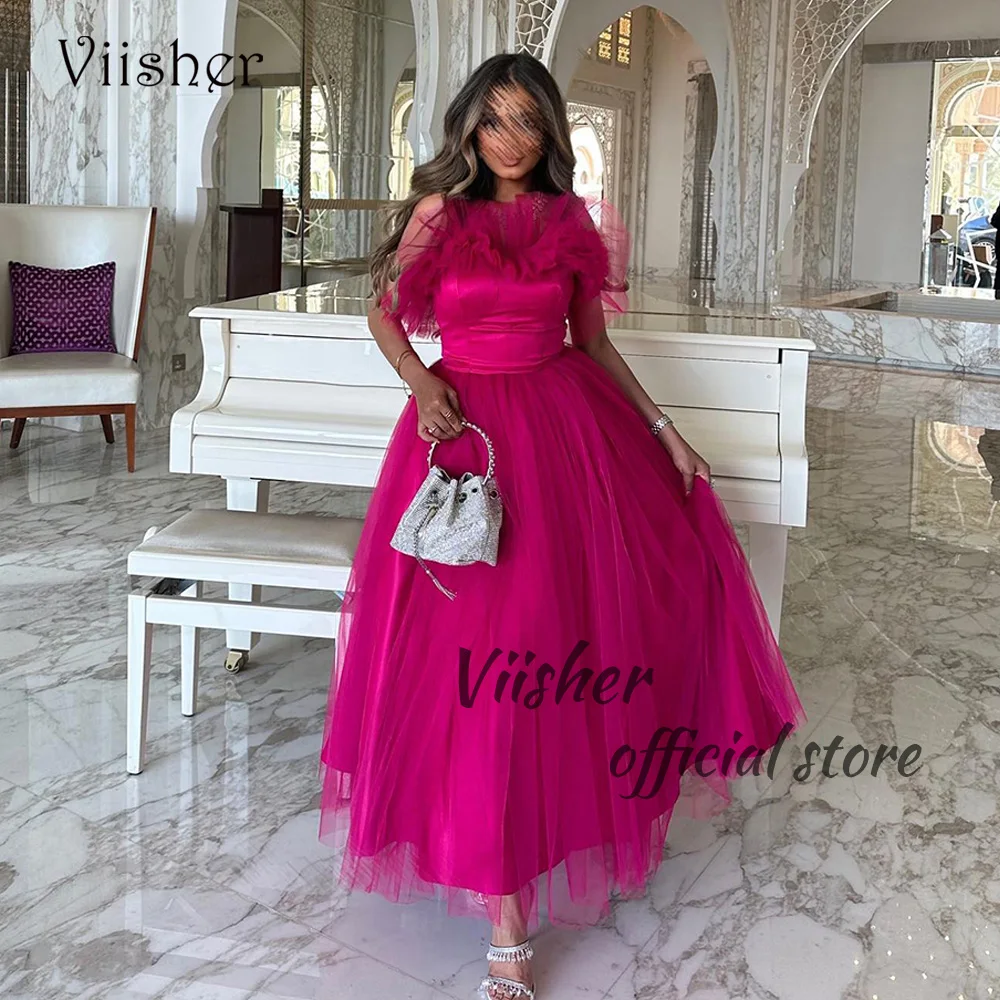 

Viisher Fuchsia Tulle A Line Evening Dresses Pleats Strapless Arabic Dubai Prom Party Dress Ankle Length Celebrate Event Gowns