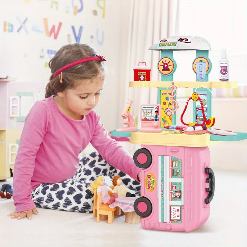 ชุดหมอสําหรับเด็ก 5 in 1 Doctor Play Kit เด็กแกล้งทําเป็นจําลองพลาสติกของเล่นเพื่อการศึกษาชุดรถบัสสําหรับอายุ 3 + ชายหญิง