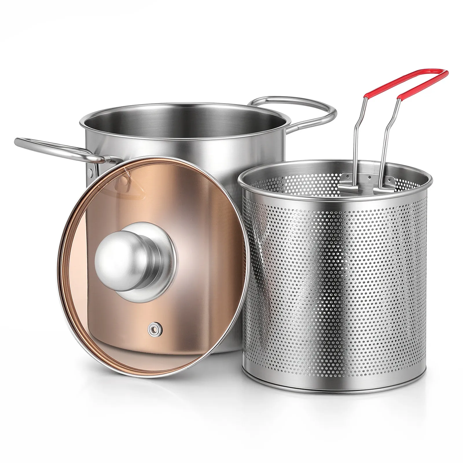 1 Juego de Olla Freidora Profunda de Acero Inoxidable con Cesta Ergonómica para Freír, Calentar Sopa y Leche, y Soporte para Papas Fritas