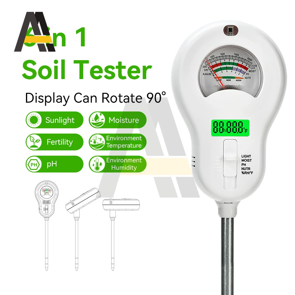 6 in1 다기능 디지털 토양 테스터 회전식 디스플레이 포함 pH 습도 온도 빛 수분 비옥도 측정