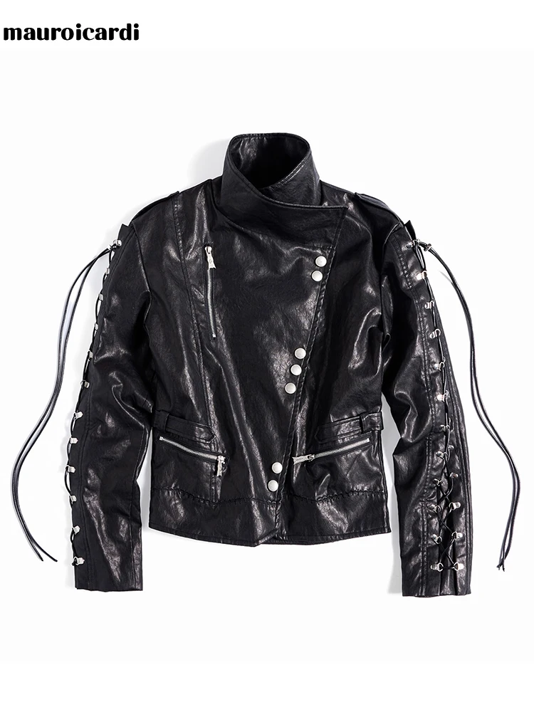 Mauroicardi Spring Autumn Short Distressed Washed Asymmetrical Black Pu Leather Jacket Men Punk Style Streetwear Lace Up Clothes