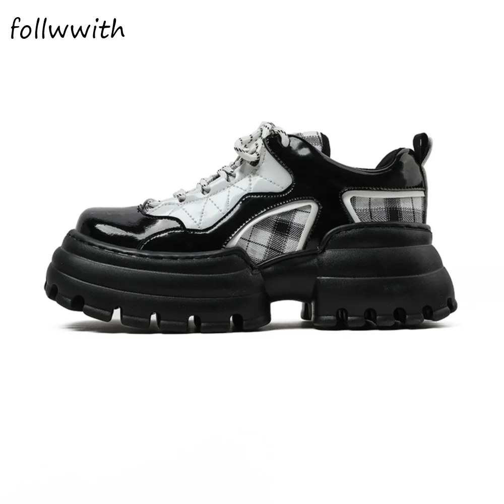 Black/White Mixed Colors Casual Shoes College Style  Women Square Toe Thick-soled Retro Shoes 2024 Autumn New Lace Up Shoes