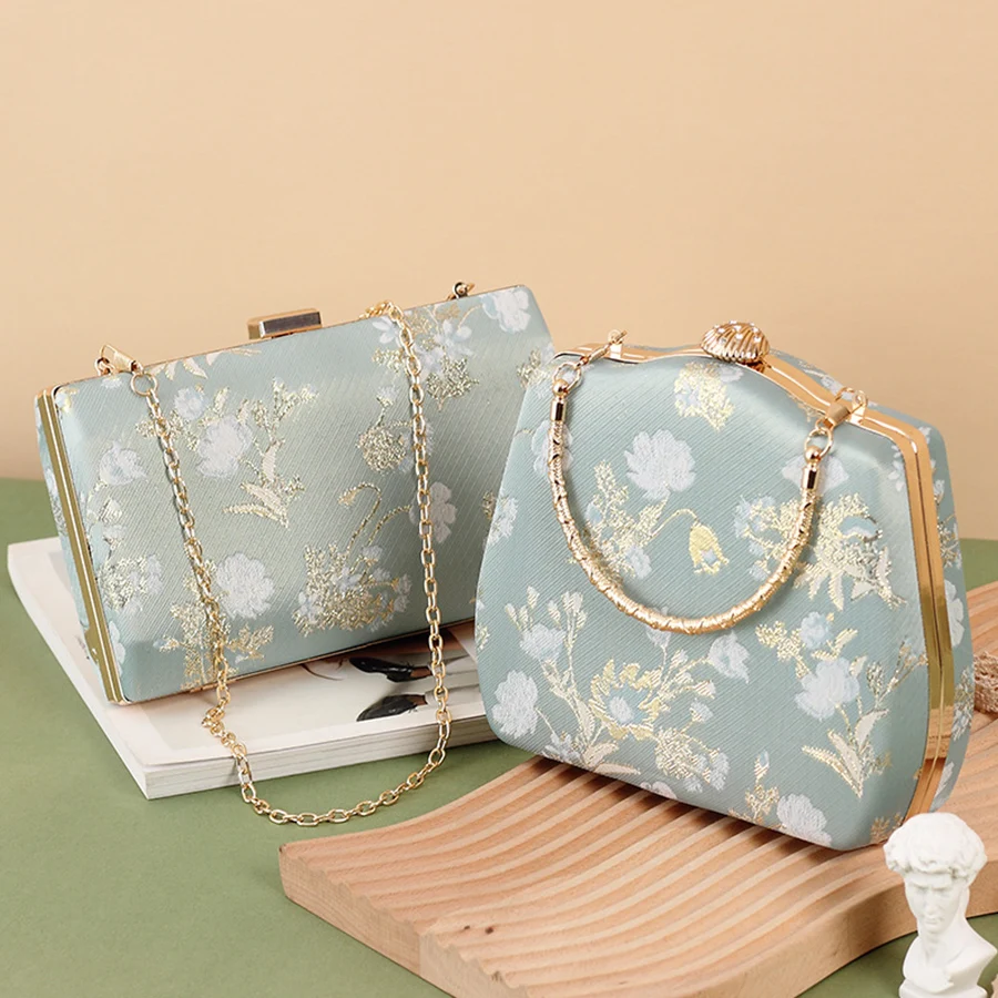 

Chinese Style Embroidered Snap-button Clutch Purse Cheongsam Traditional Exquisite Women Handbag Green Bridal Chains Wedding Bag