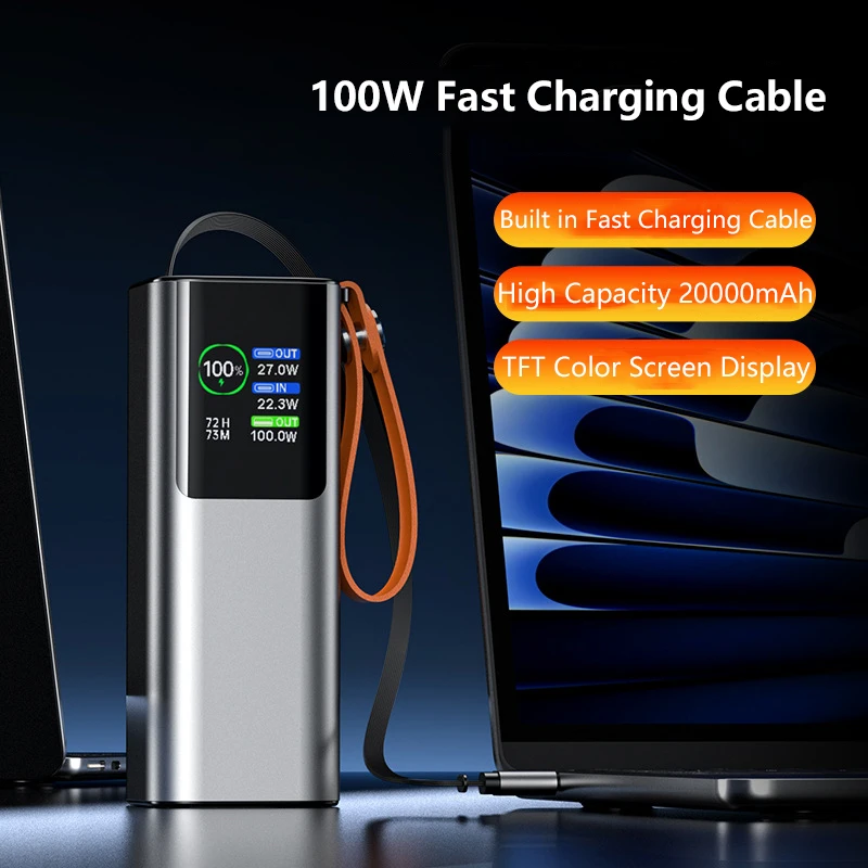

100W Fast Charging Power Bank 20000mAh with 70CM USB C Cable Portable Charger External Battery For Laptop iPhone Samsung Xiaomi