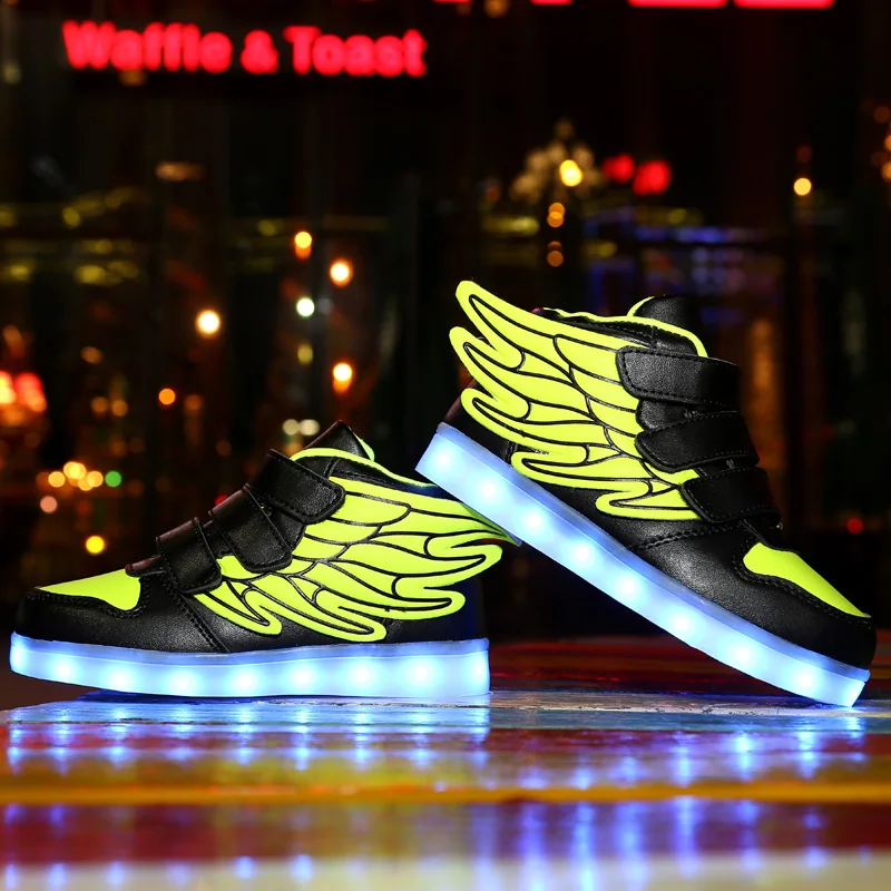 Waterproof Leather Kids Luminous Shoes Sneakers Led Light Shoes with Wing USB Charging Casual Sports Shoes Girls Skateboard Shoe