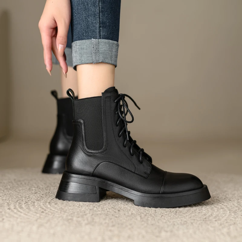 Size 34-39 Ankle Boots for Women Real Leather Thick Mid Heels Fall Winter Shoes Vintage Platform Short Booties Shoes for Women