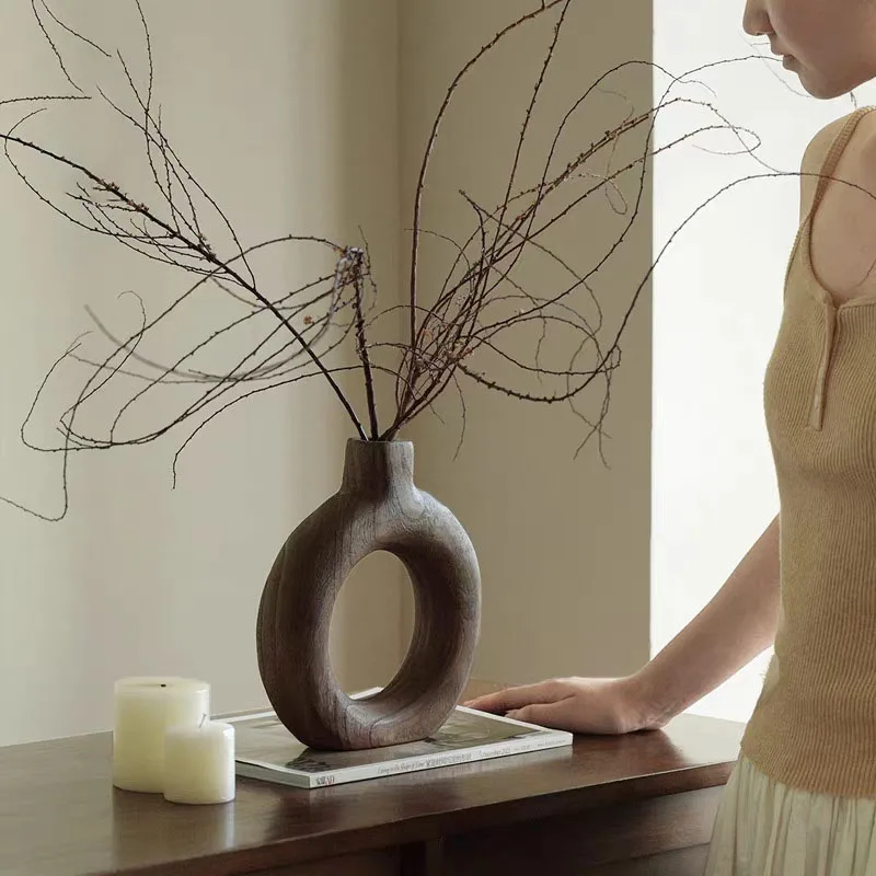 

Nordic Old Solid Wood Circle Vase Ornaments Living Room Homestay Desktop Flower Arrangement Container Wedding Vases Decoration