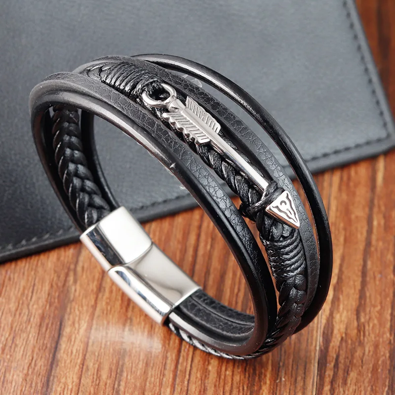 Charm Italian Stainless Steel Jewelry Genuine Leather Bracelet Hip-hop Arrows Multi-layer Woven Bracelet