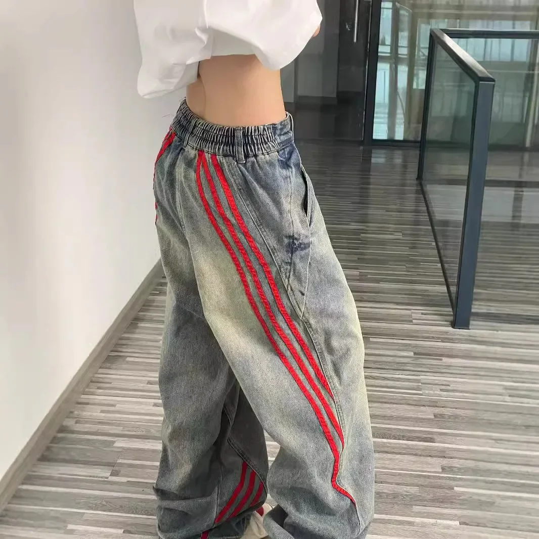 Vintage Straight-Leg Denim Jeans Women's Casual Trousers American Style Side Stripe Washing Machine Ripped Edge Fashion