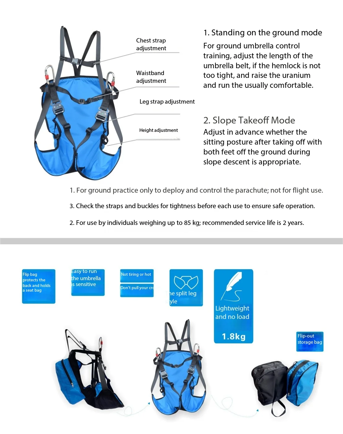 Paragliding training, seat bag, ground combat, paragliding, sloping, split leg, ultra light anti flip backpack, bikini