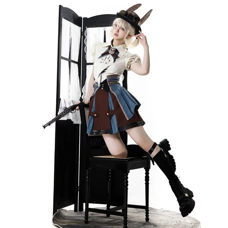 

2026 New Streetwear Lolita Cute Girl Short-sleeved Shirt SK Waist Seal Three-piece Set Y2K Summer Sweet and Cool Womens Cos Sets