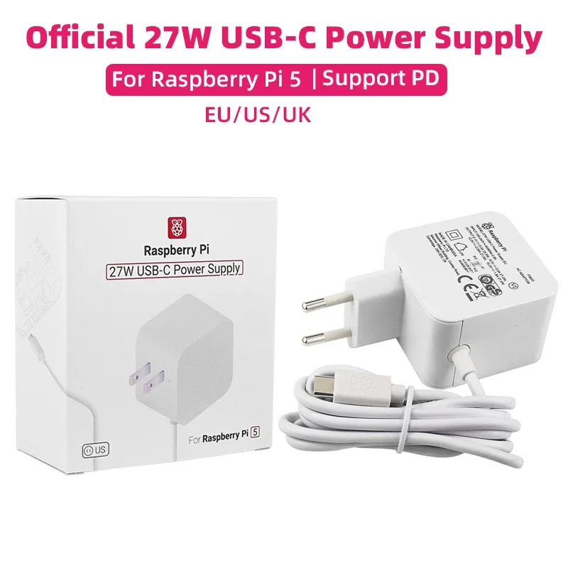 Raspberry Pi 27W USB-C resmi suplai daya 5.1V 5A kompatibel untuk pengisian PD EU AS UK Plug untuk Raspberry Pi 5