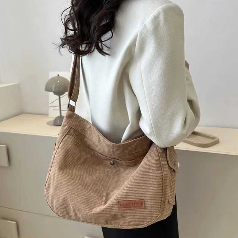 Fashion New Corduroy Tote Bag Women\'s Large Capacity Student Classroom Bag White Simple and Versatile One Shoulder Crossbody Bag