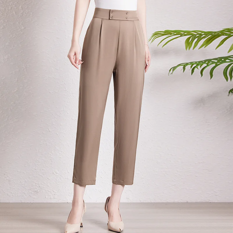 BirdTree, 91%Natural Silk Elegant Slim Pants, Women Solid Air Sensation, Retro OL Suit Trouser, 2024 Summer Autumn New B47587QM