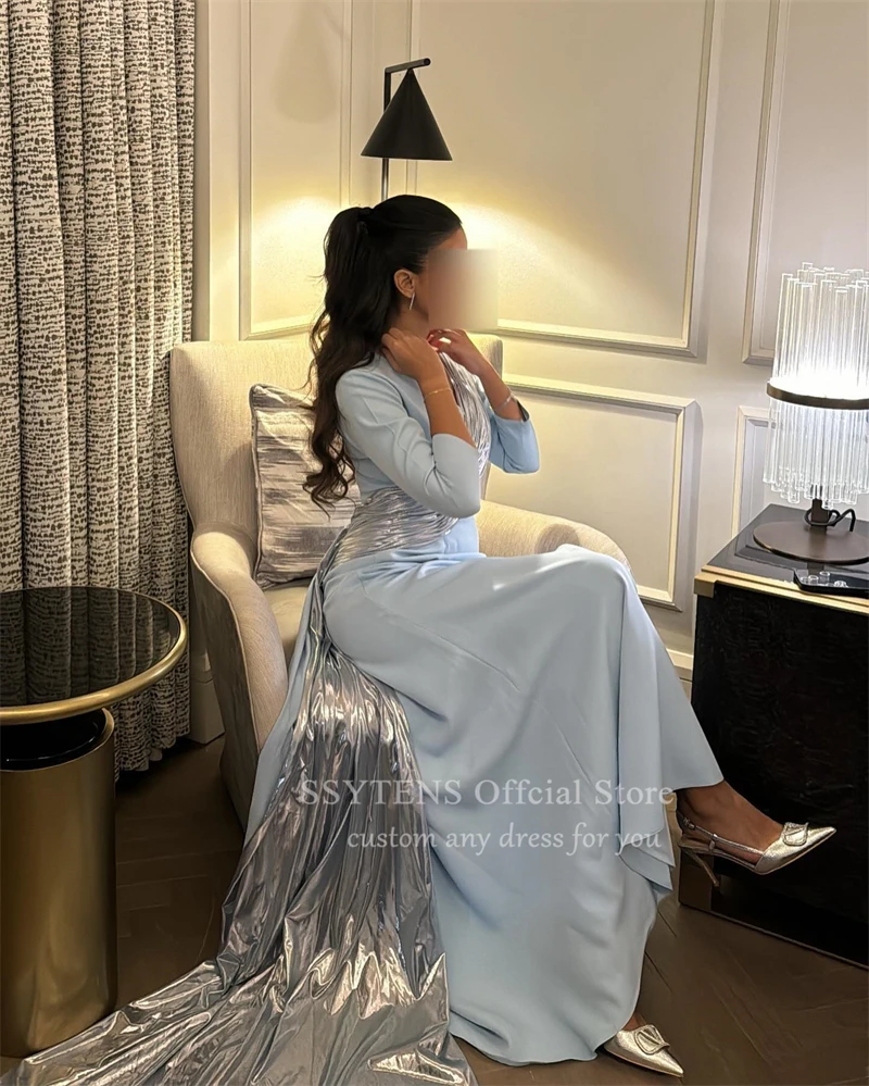 SSYTENS Sky Blue Prom Dress Formal Occasions Women Saudi Mermaid Evening Gowns Gala Long Sleeves Elegant Wedding Party Dress