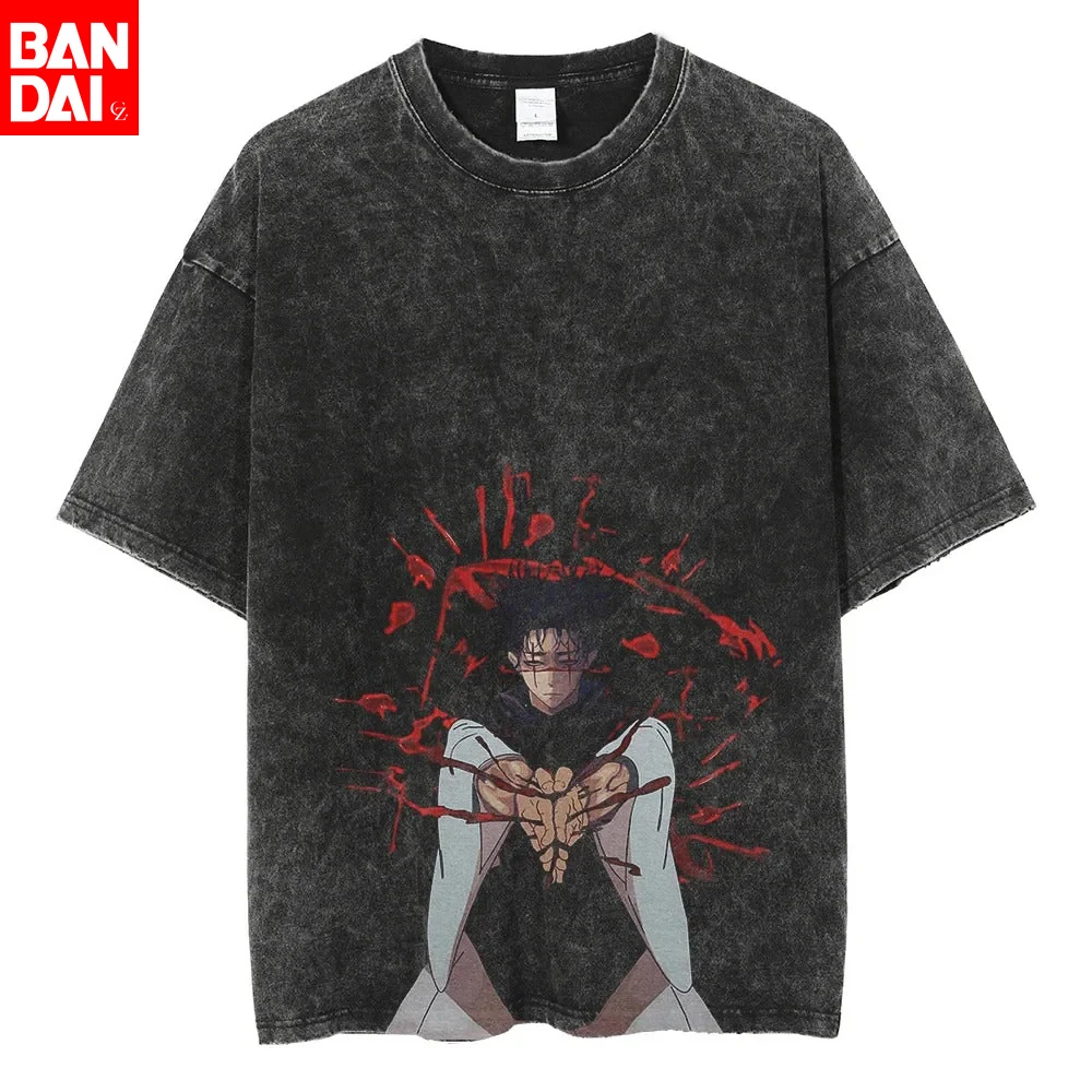 Jujutsu Kaisen Kento Nanami Blutstropfen-Technik Vintage-Waschdruck T-Shirt Herren 2026 Sommer Schwarz Übergroßes Anime-Tee