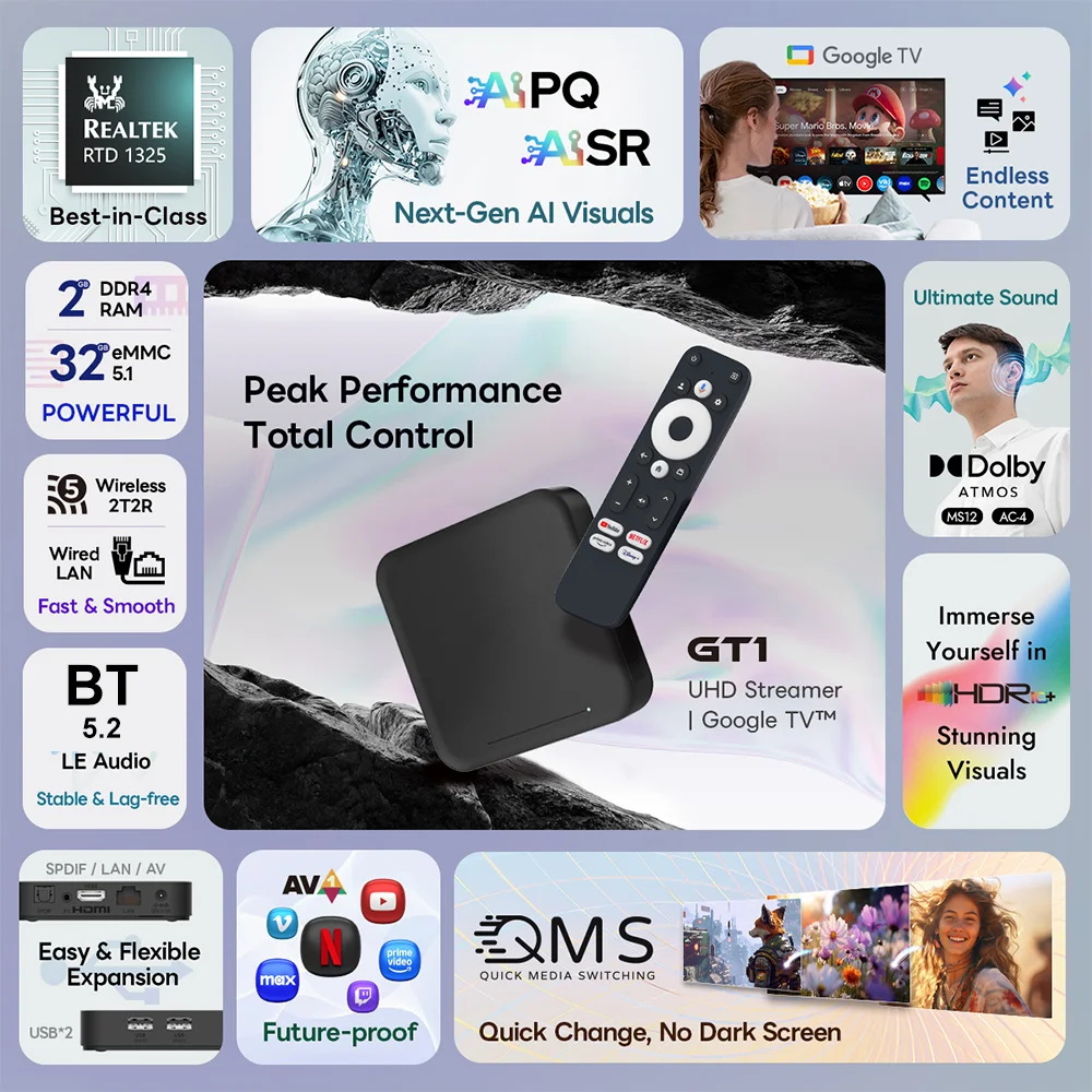 RockTek GT1 UHD TV Box Google Certified 2GB 32GB Realtek1325 A55 Edge AI Support Dolby Atmos 2T2R Wifi5 BT5.2 Android Box TVBOX