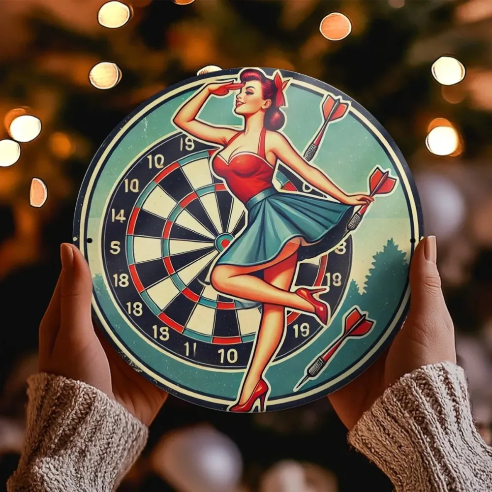 Metalowy Znak Vintage Retro Pinup Girl Dekoracja Ścienna Okrągła Aluminiowa Tablica Dart