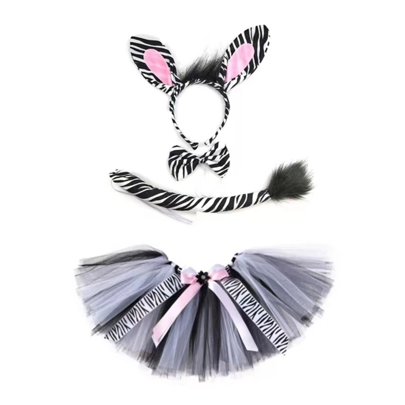 4Pcs Zebra Kostuum Set Zebra Oren Hoofdband Staart Tutu Rok Bowtie Voor Kid Halloween Kerst Animal Cosplay Accessoires M6CD