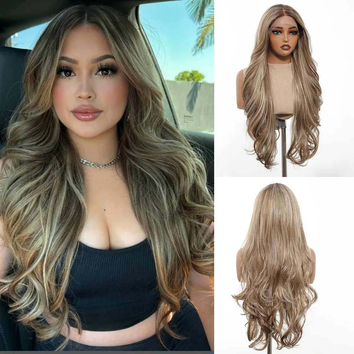 

HENRY MARGU Ash Blonde Synthetic Lace Front Wig 13×6 Blonde mixd Brown Wavy Hair Wig for Women Daily Use 28IN