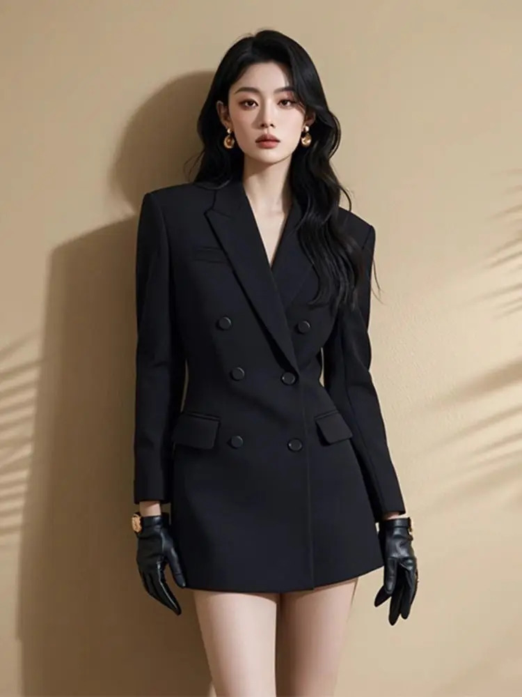 2025 Spring Autumn High-end Black Suit Jacket Women Fashion Double-breasted Temperament Mid-Long Office Female Blazer Coat Tops