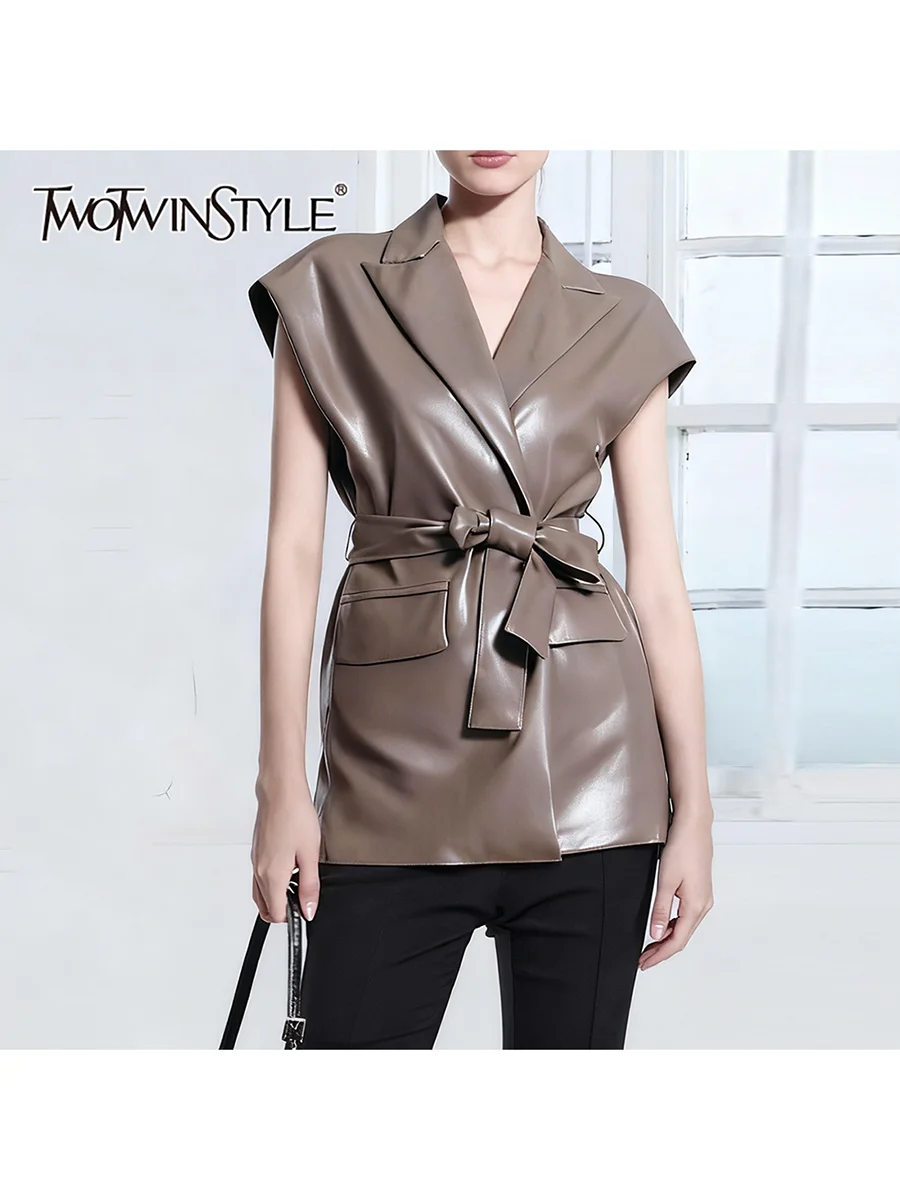 

TWOTWINSTYLE утягивающие модные кожаные куртки на шнуровке для женщин, темпераментная куртка без рукавов с лацканами, женская одежда, новинка