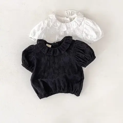 2025 여름 새 어린이 반팔 티셔츠 달콤한 귀여운 소녀 중공 옷깃 셔츠 아기 소녀 루즈 탑 키즈 코튼 티