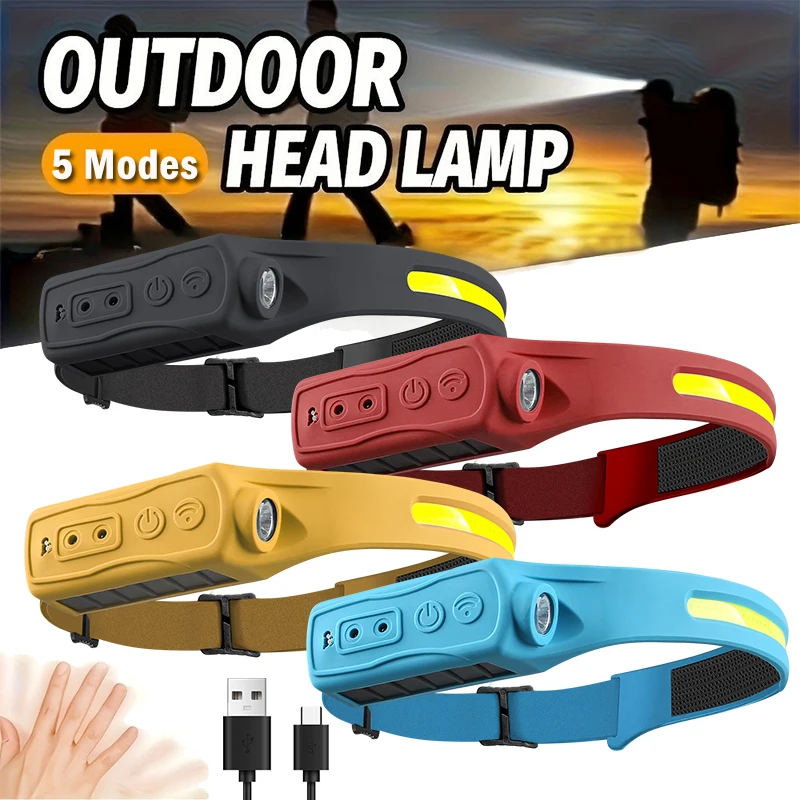 LED COB Sensor Headlamp Built-in Battery Type C Rechargeable 5 Modes Waterproof Head Torch Outdoor Camping Fishing Headlight