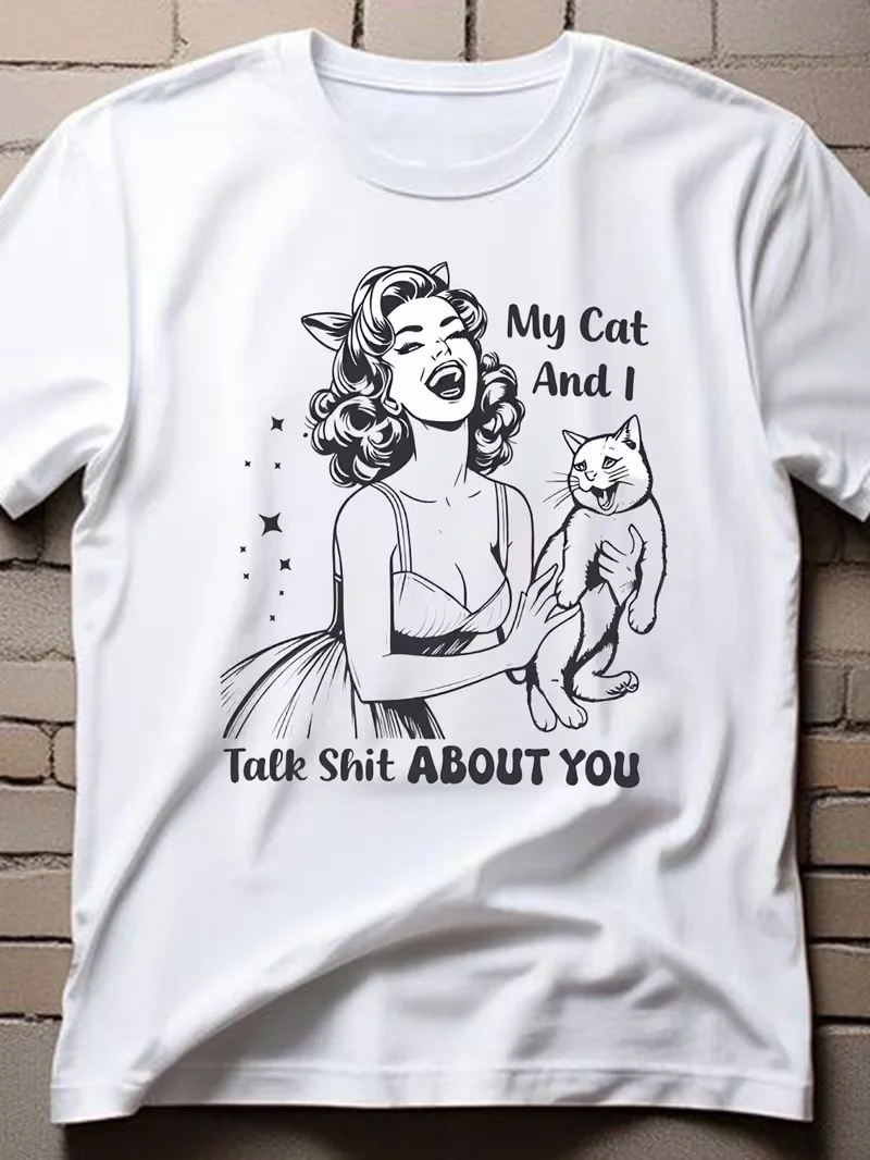 Vintage Sassy Cat Lover T-shirt Retro Pin-Up Woman With Cat Graphic Short Sleeve Tops All Season Street Casual Wear For Cat Moms