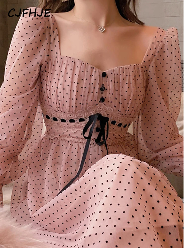 French Vintage Midi Dress Women Puffer Sleeve Square Collor Office Elegant Dress Female Autumn Dot One Piece Dress Korean