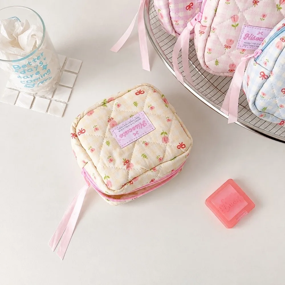 New Quilted Square Cosmetic Bag Ribbon Bow Decor Floral Print Coin Purse Zipper Closure Portable Storage Bag Daily Use