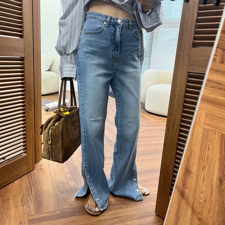 

Женские джинсы с высокой талией, модные длинные брюки с пуговицами для похудения, подол с разрезом, модные длинные брюки для поездок на работу, подставка