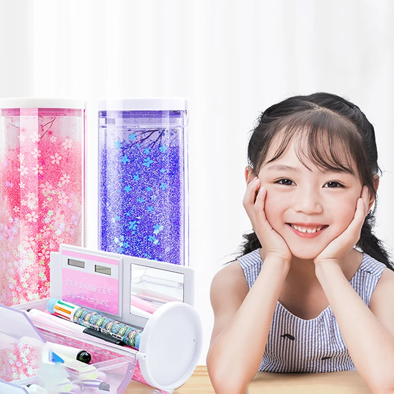 Multifunctional Standing Quicksand Pencil Case Organizer Double Layer With Mirror Erasable Notepad Calculator