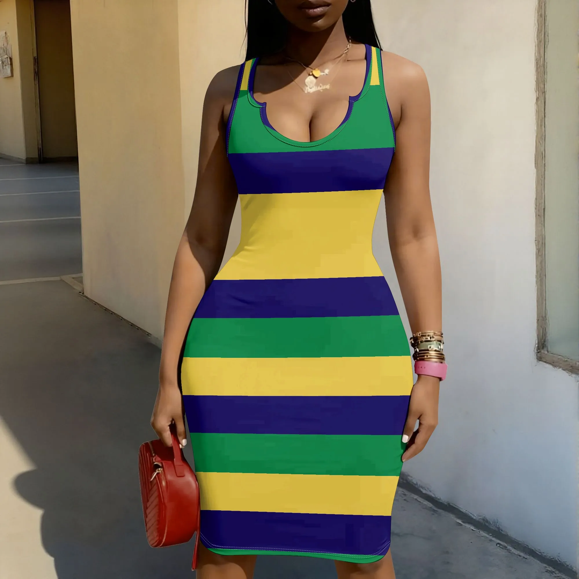 Striped Bodycon Dress, Green Yellow Blue Pattern, Racerback Mini Dress, Summer Beach Party Wear, Women's Casual Outfit, XS-2XL