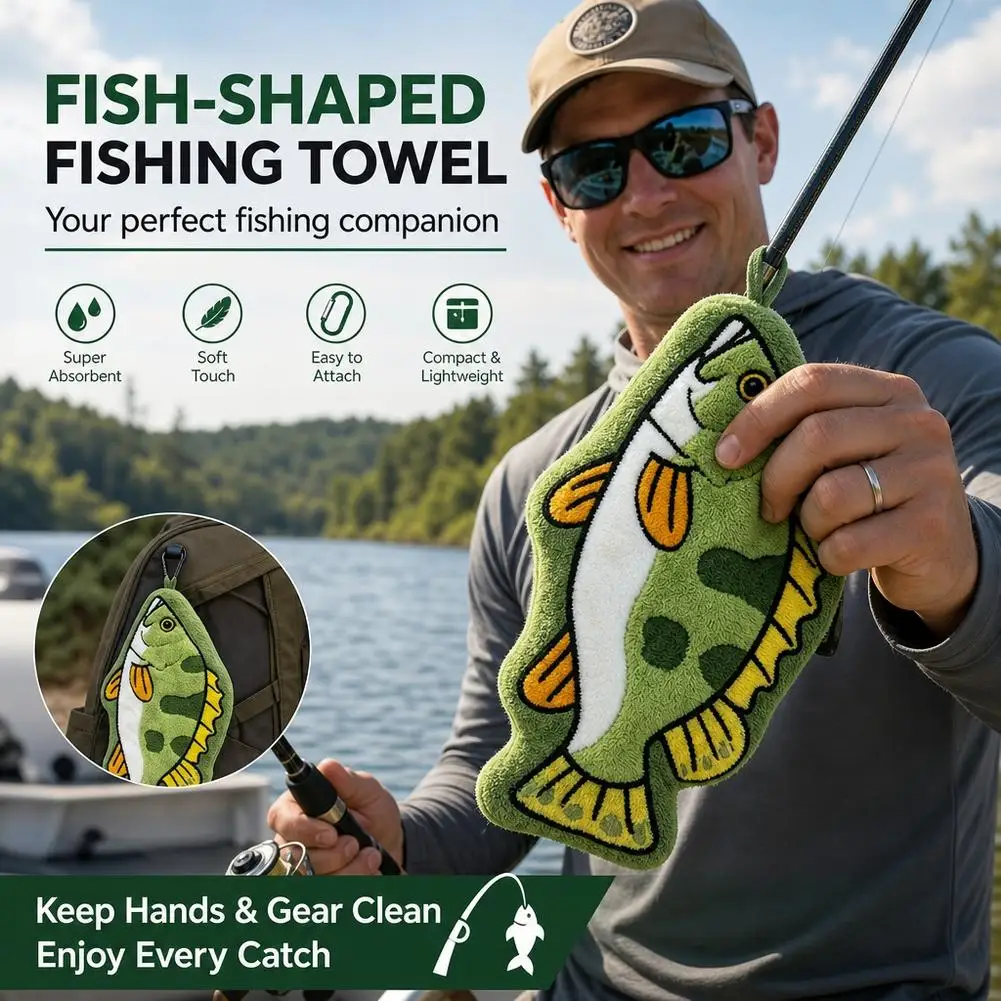 Fishing Towel Coral Velvet Absorbent Hand Cloth Fish Shape Soft Grip Pad with Retractable Clip Fishing Accessories